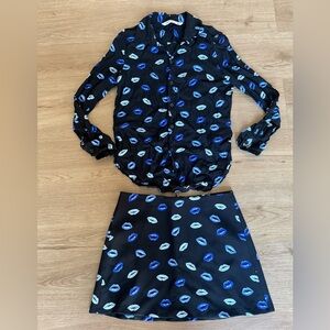 Zara Black and Blue Lip Print City Chic Skirt Blouse Set Size Small/Medium